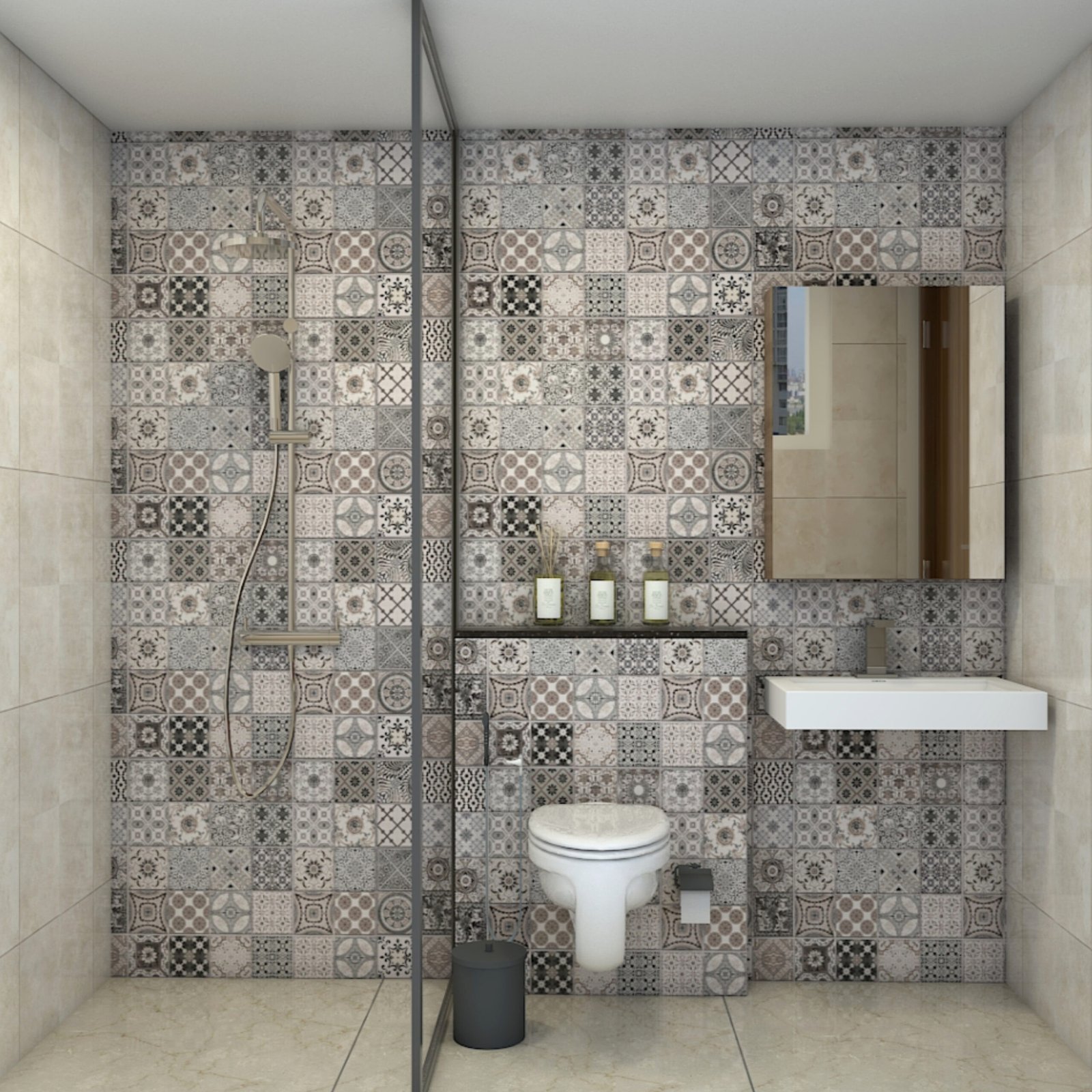 Contemporary Bathroom Design with Patterned Accent Wall