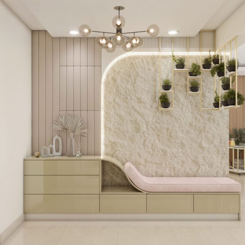 Contemporary Honey Oak Foyer Design With Long Storage Bench Unit