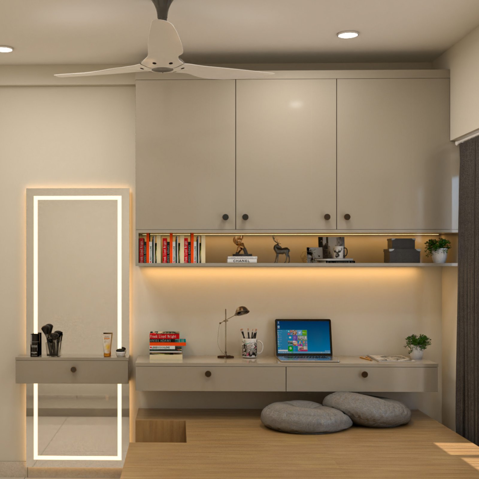 Modern Home Office Design With Floating Desk and Backlit Mirror