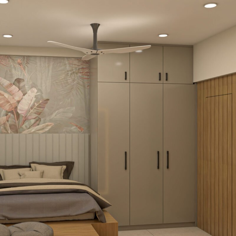 Modern Grey Swing Wardrobe Design With Overhead Loft Cabinet