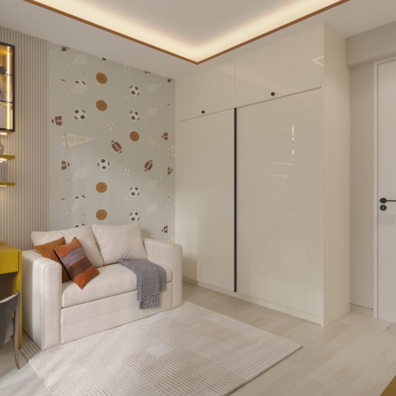 Contemporary White Sliding Wardrobe Design With High Gloss and Loft Storage