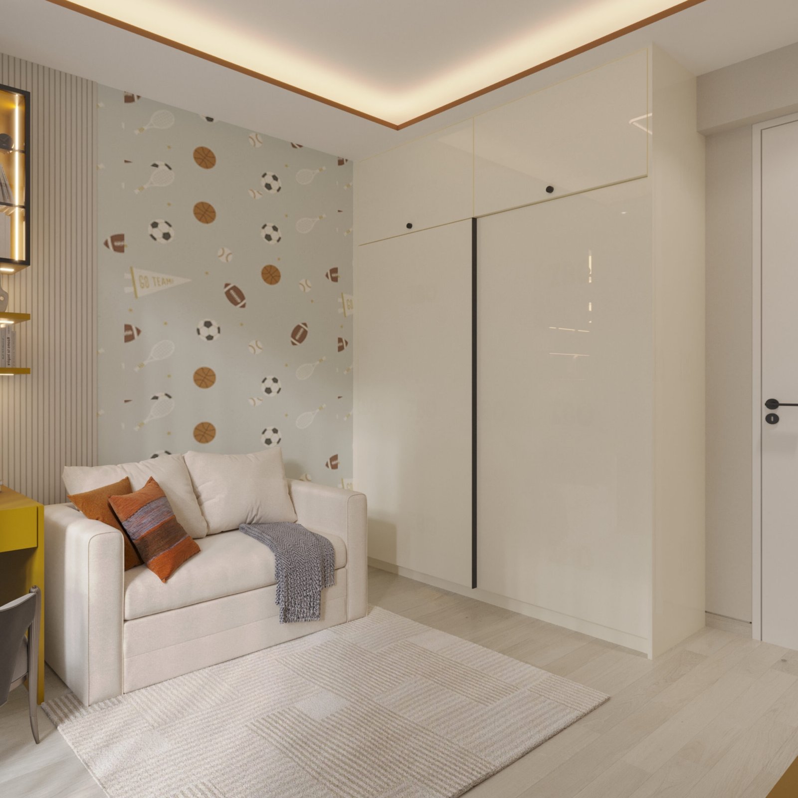 Contemporary White Sliding Wardrobe Design With High Gloss and Loft Storage
