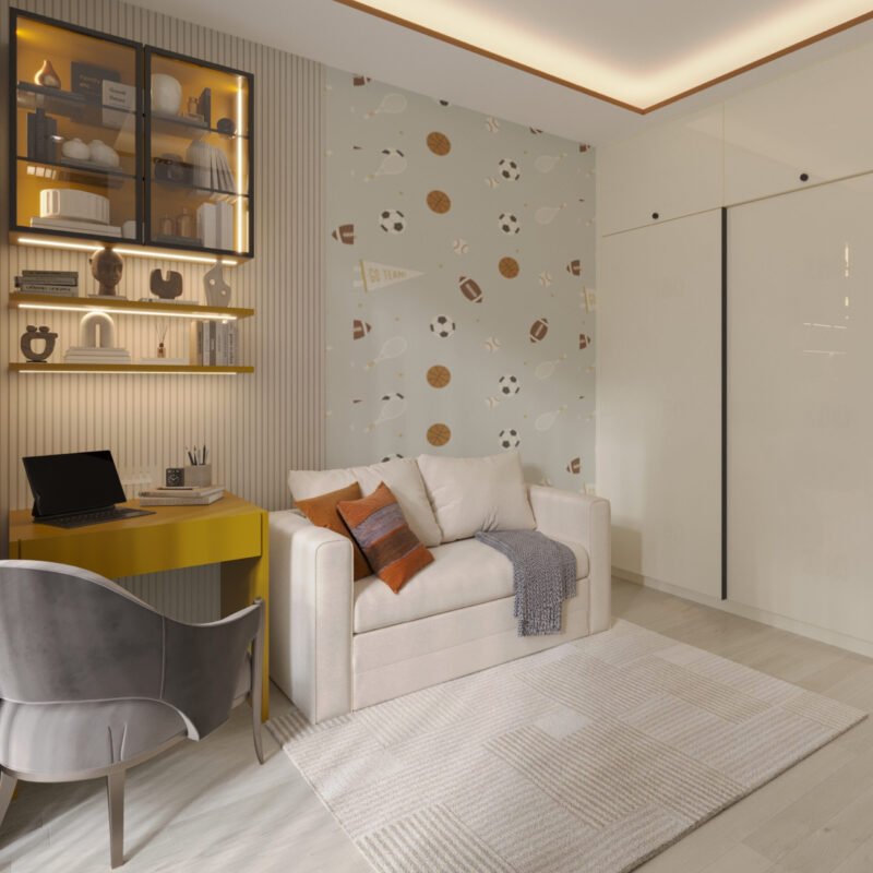 Contemporary Home Office Design With Yellow Desk and Playful Wallpaper