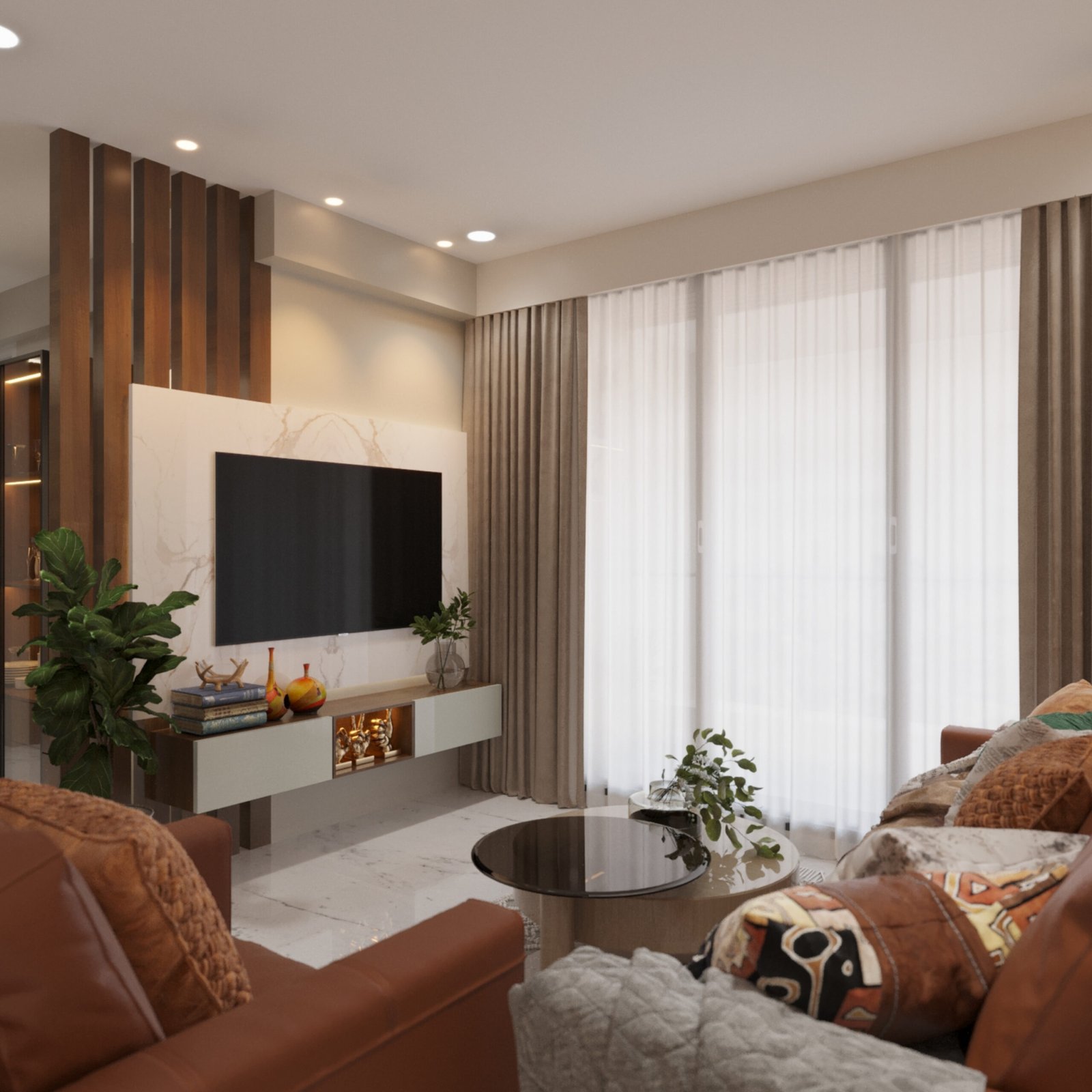 Floating White TV Unit Design with Marble Accent Backdrop