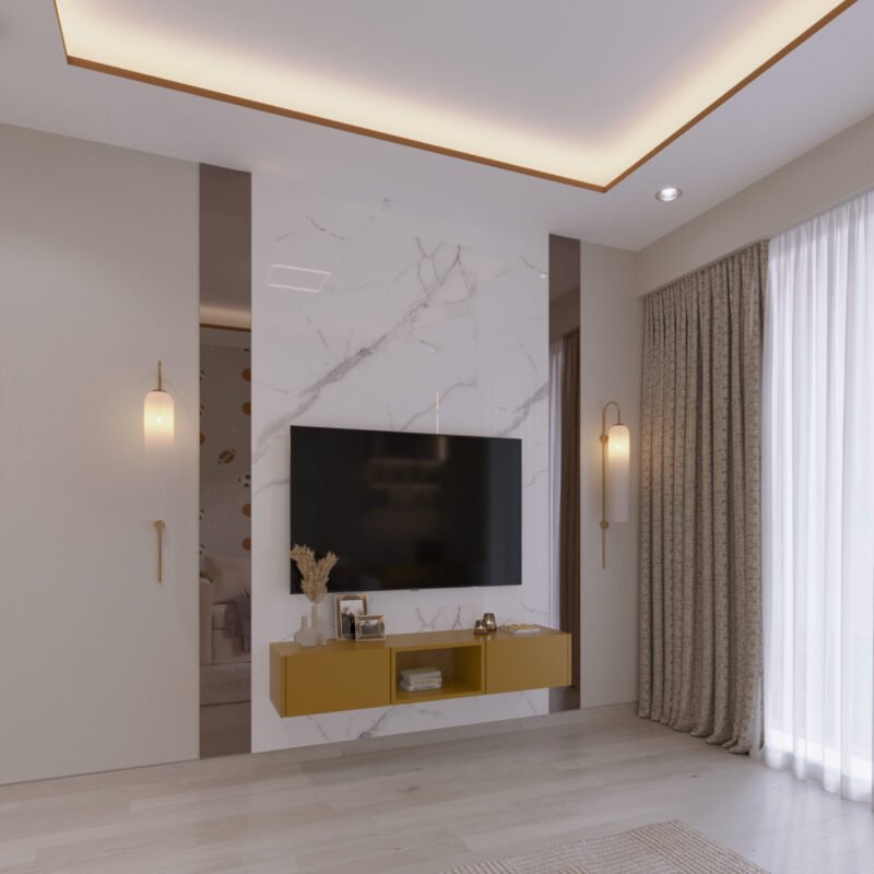 Floating Parakeet Modern TV Unit Design with Marble-Backed Storage