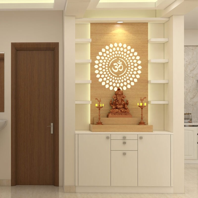 Contemporary Floor-Mounted Pooja Unit Design in White and Walnut Finish