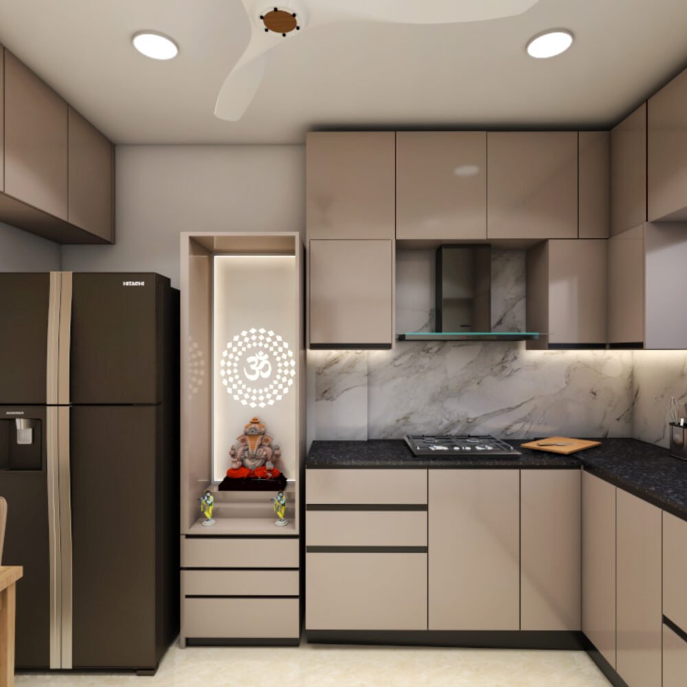 Compact Modern Pooja Unit Design in Grey With Om Light