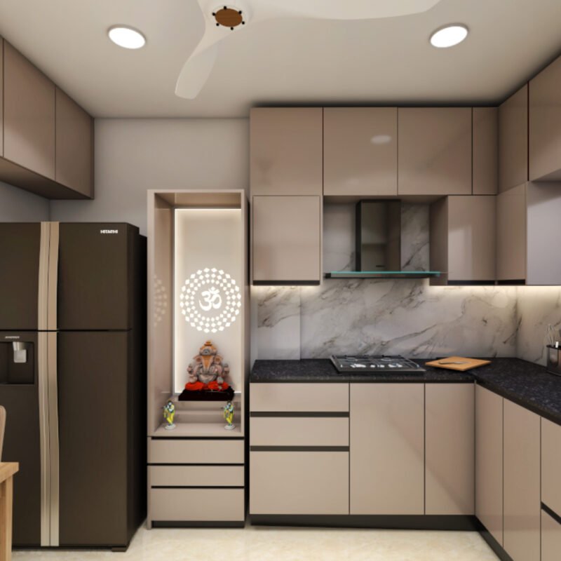 Compact Modern Pooja Unit Design in Grey With Om Light