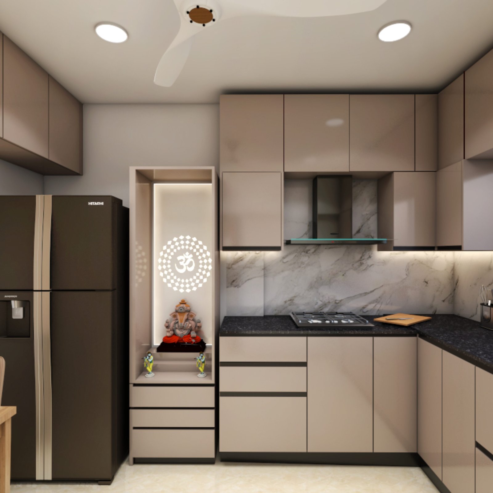 Compact Modern Pooja Unit Design in Grey With Om Light