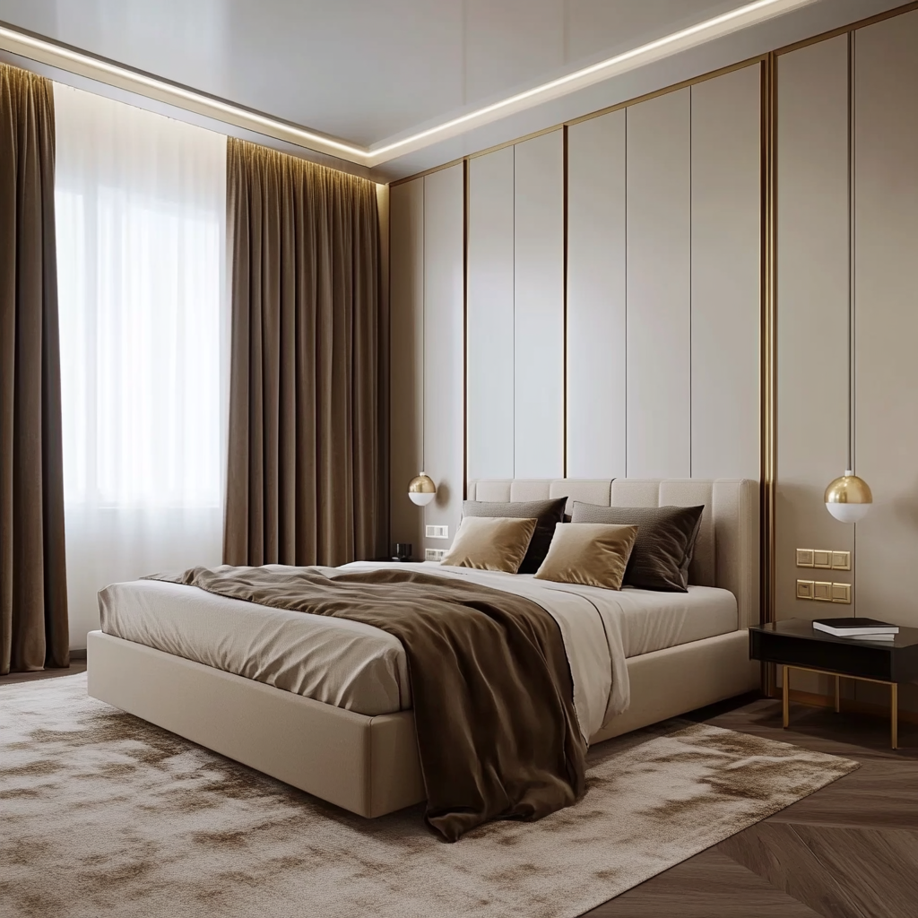 Modern Master Bedroom Design with King Bed and Cream Wall Panels