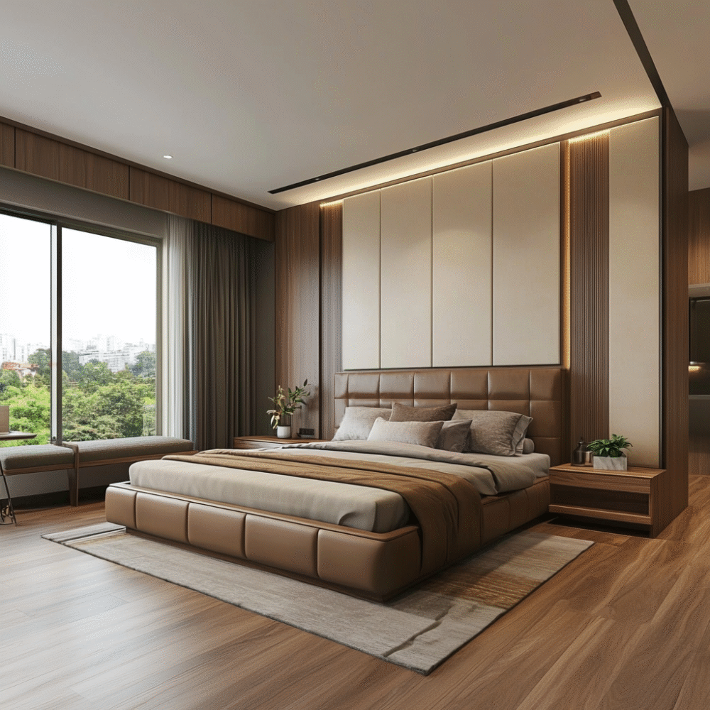 Modern Master Bedroom Design with King Bed and Wood Panel Wall
