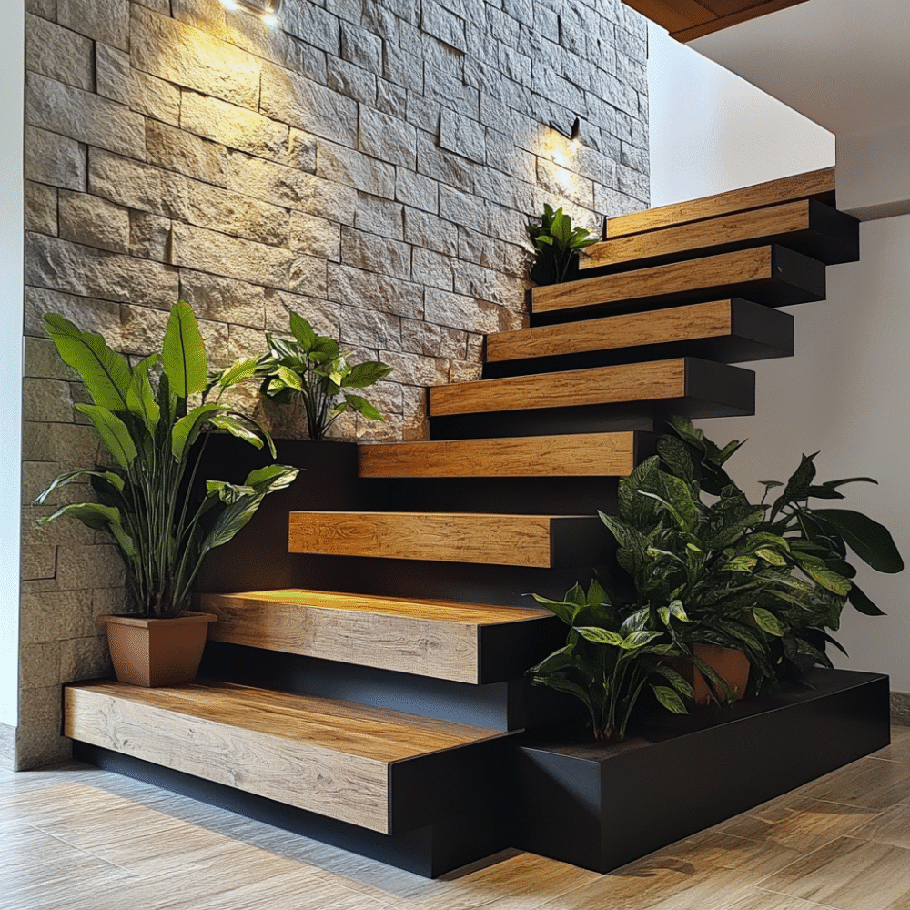 Modern L-Shaped Staircase Design with Wooden Steps and Steel Frame