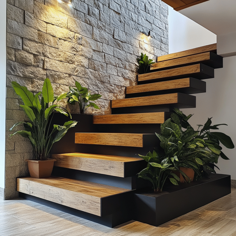 Modern L-Shaped Staircase Design with Wooden Steps and Steel Frame