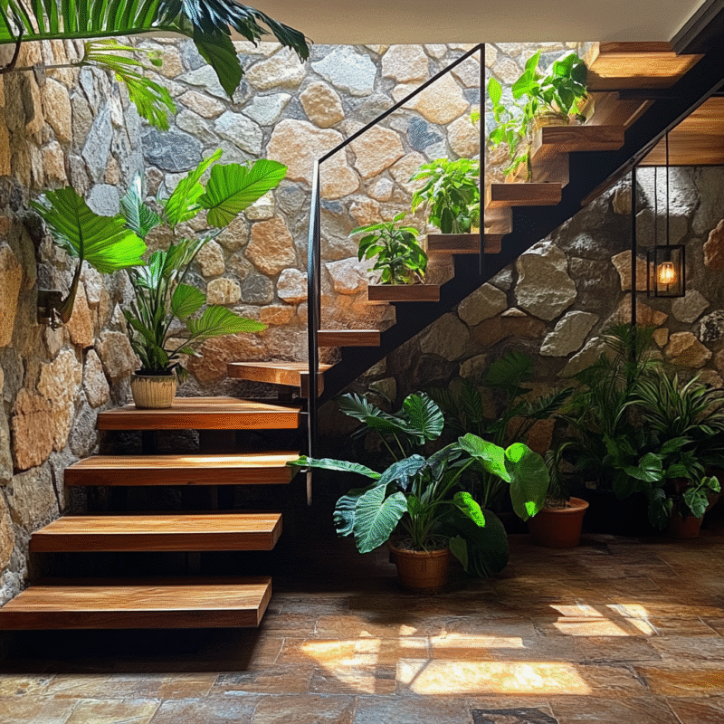 Bohemian U-Shaped Staircase Design with Wooden Steps and Concrete Base