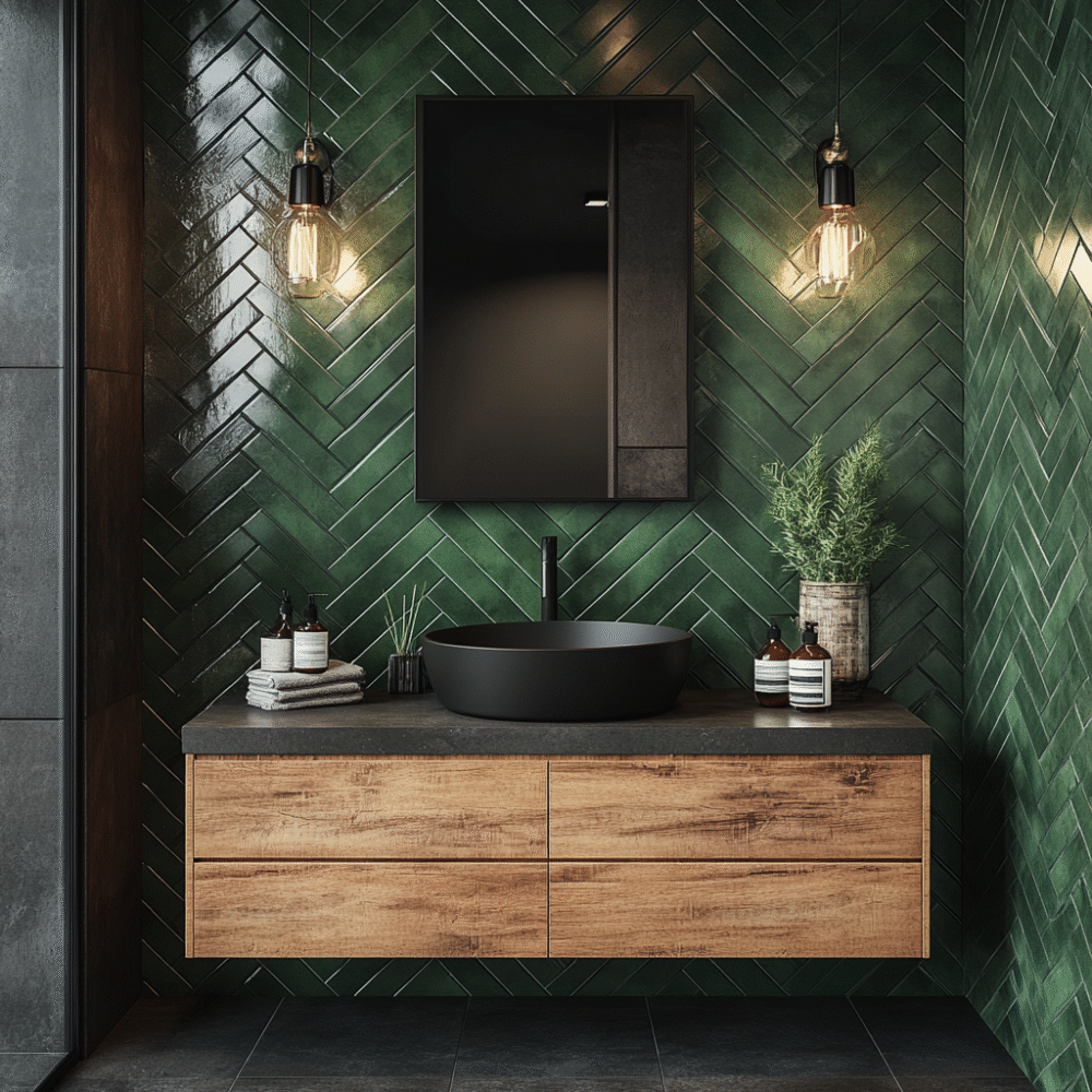 Modern Bathroom Design with Herringbone Green Tile Design