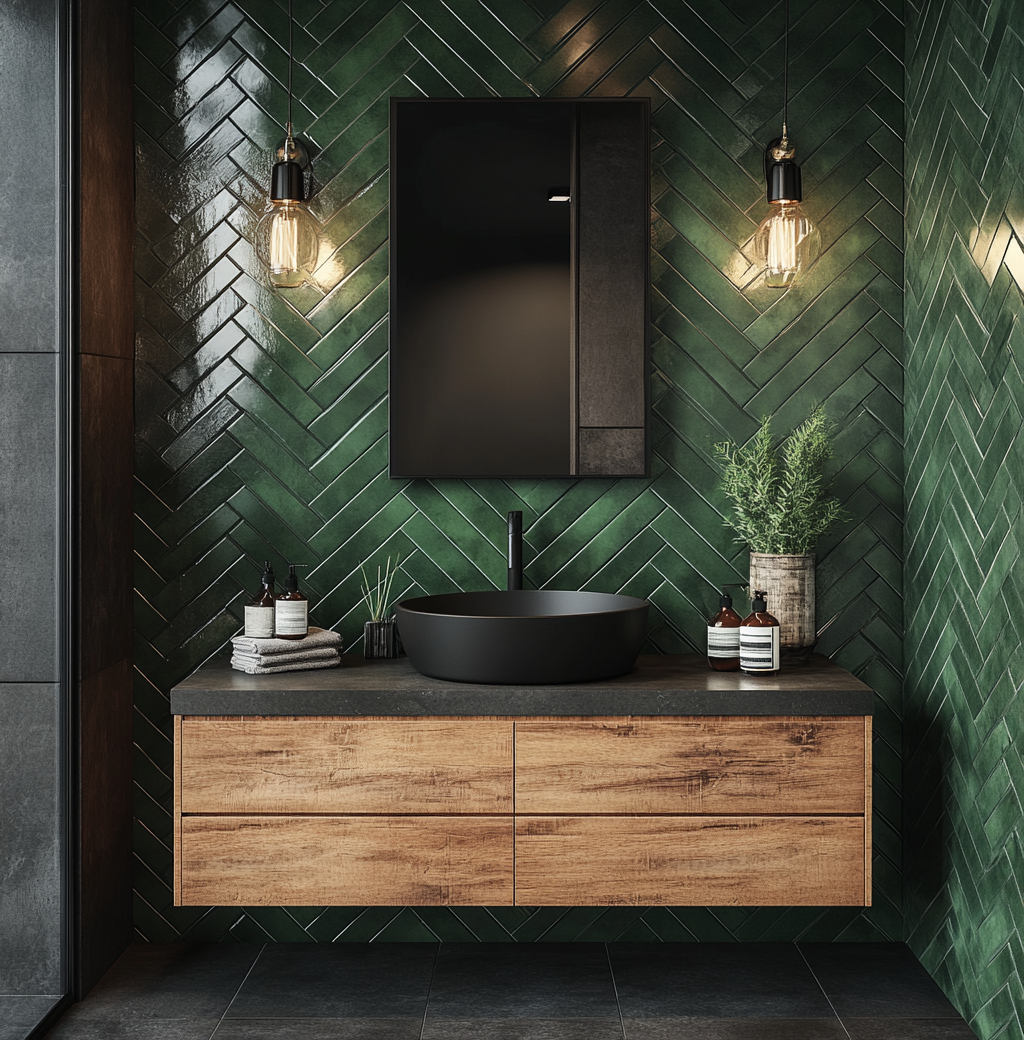 Modern Bathroom Design with Herringbone Green Tile Design
