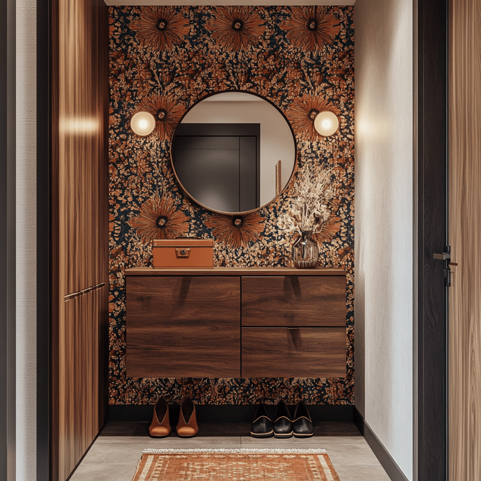 Minimal Foyer Design with Shoe Storage and Decorative Wooden Countertop