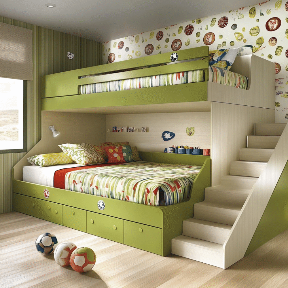 Modern Kids Bedroom Design with Green Bunk Bed and Multicolor Wallpaper