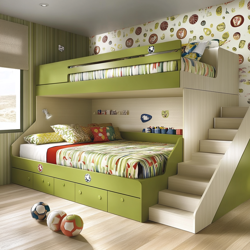 Modern Kids Bedroom Design with Green Bunk Bed and Multicolor Wallpaper