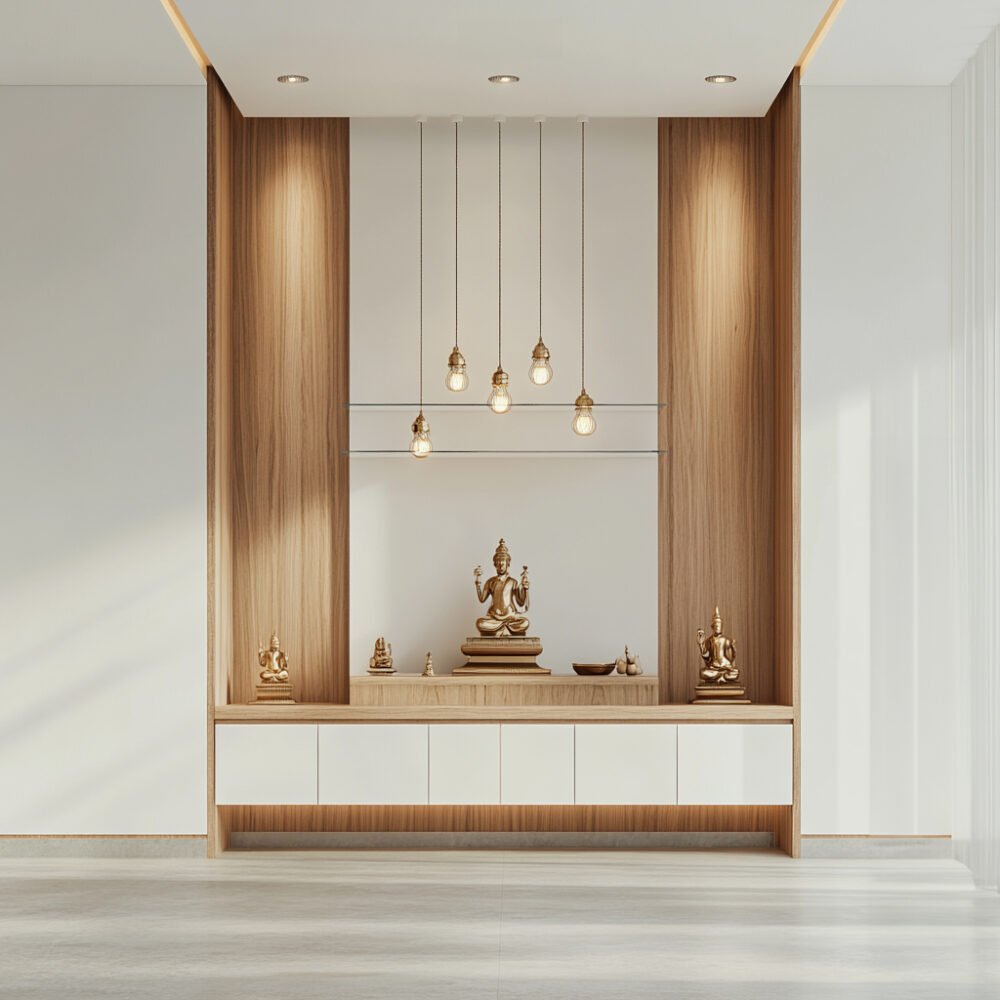 Contemporary Pooja Room Design with Wooden Accent Wall