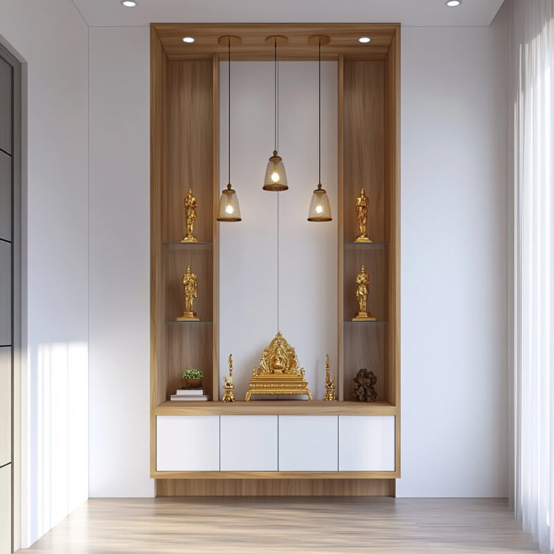 Contemporary Pooja Room Design with Wooden Accent Wall