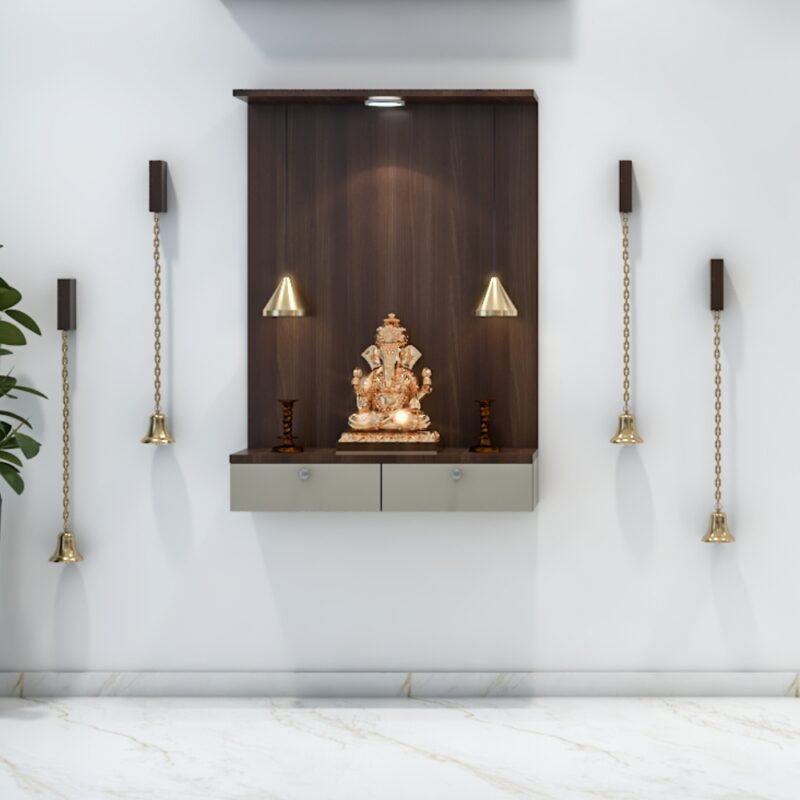Compact Modern Pooja Unit Design with Brass Bells