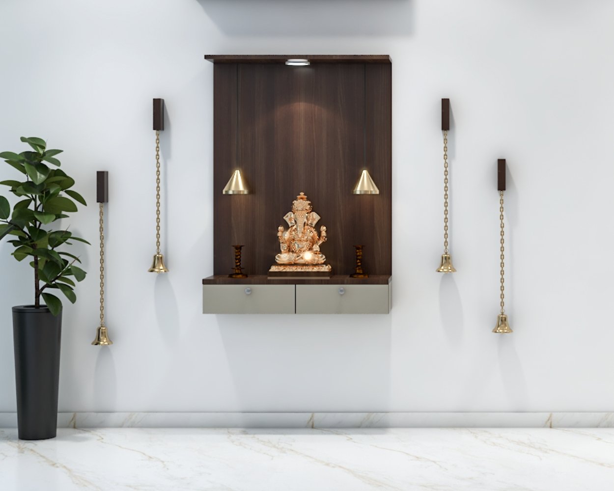 Compact Modern Pooja Unit Design with Brass Bells