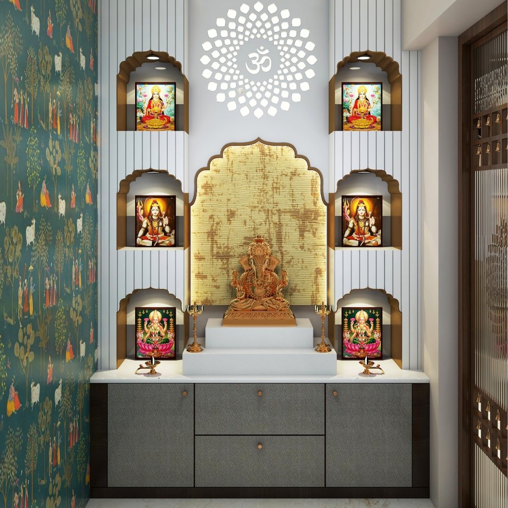 Contemporary Pooja Room Design with Suede Laminate Finish