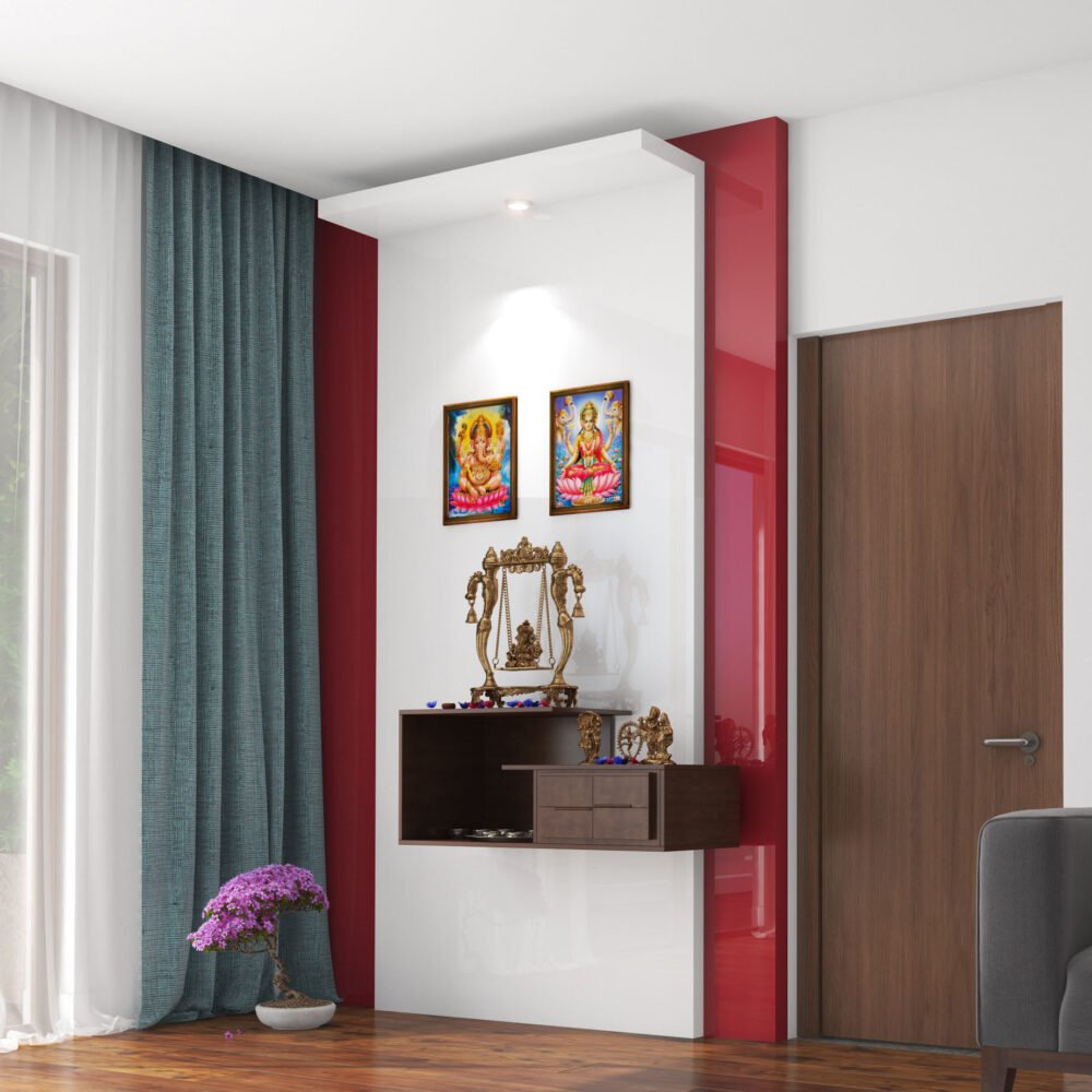 Contemporary Wall-Mounted Pooja Unit Design with Open Rack