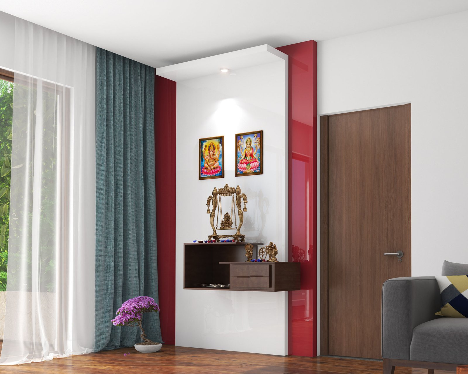 Contemporary Wall-Mounted Pooja Unit Design with Open Rack