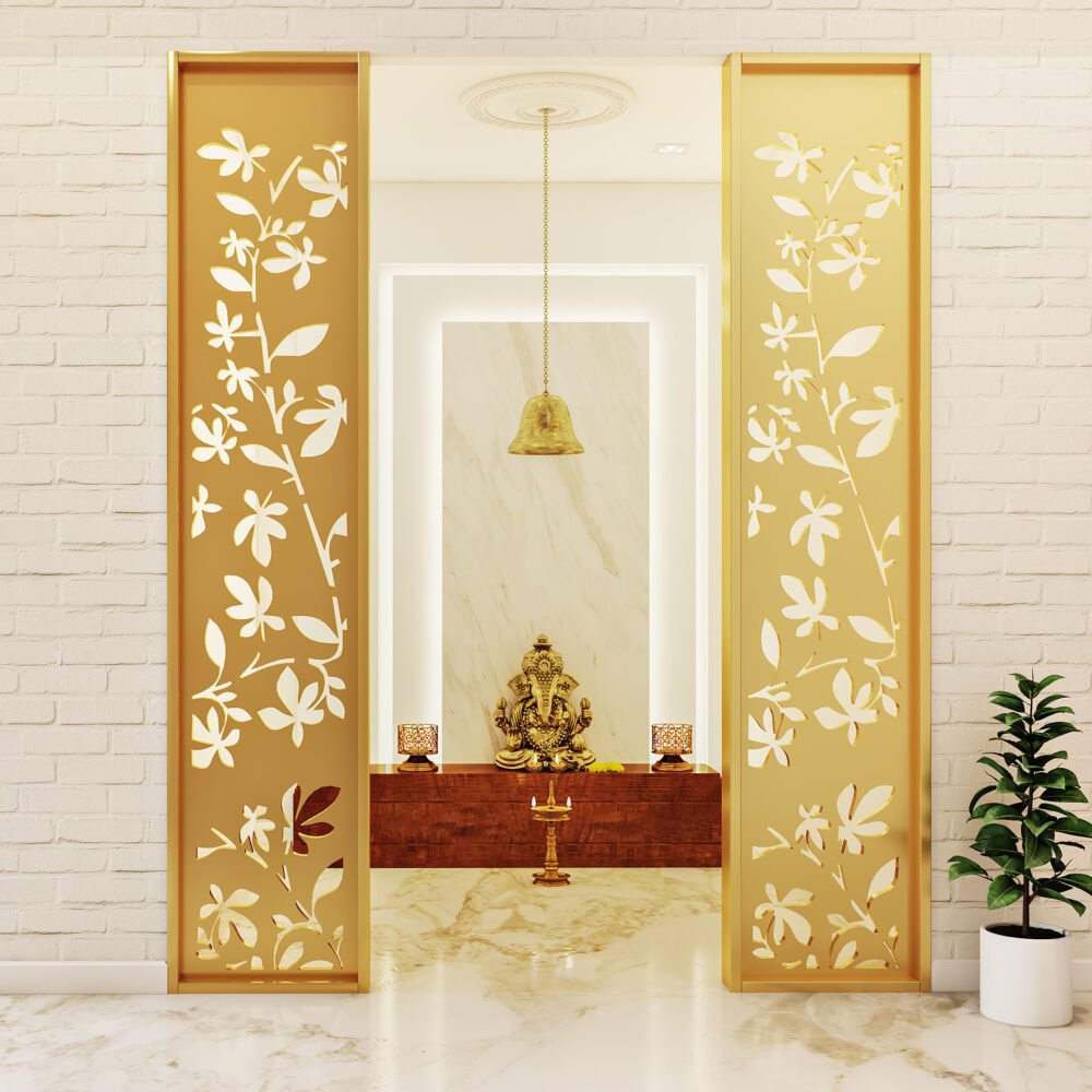 Contemporary Pooja Unit Design with Storage and Marble Accent Wall