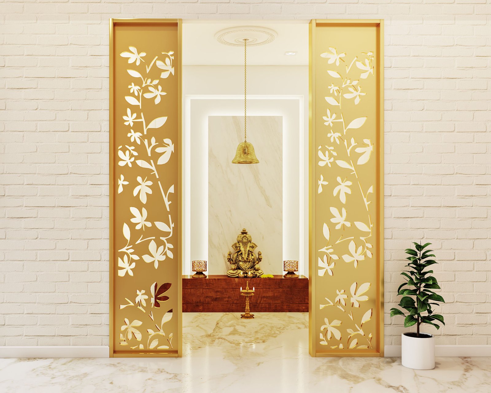 Contemporary Pooja Unit Design with Storage and Marble Accent Wall