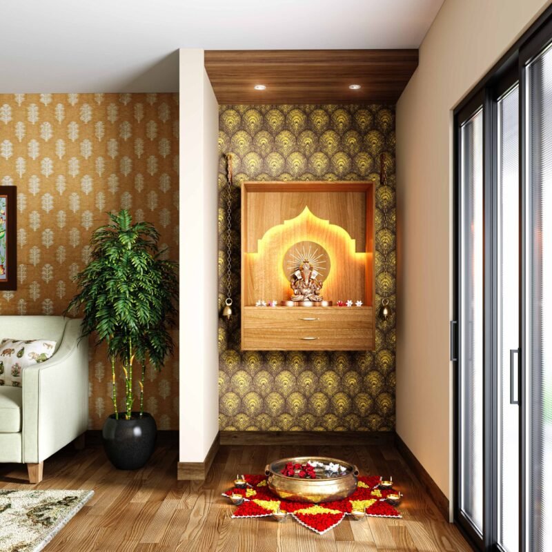 Contemporary Wall-Mounted Pooja Unit Design with Peacock Feather Design