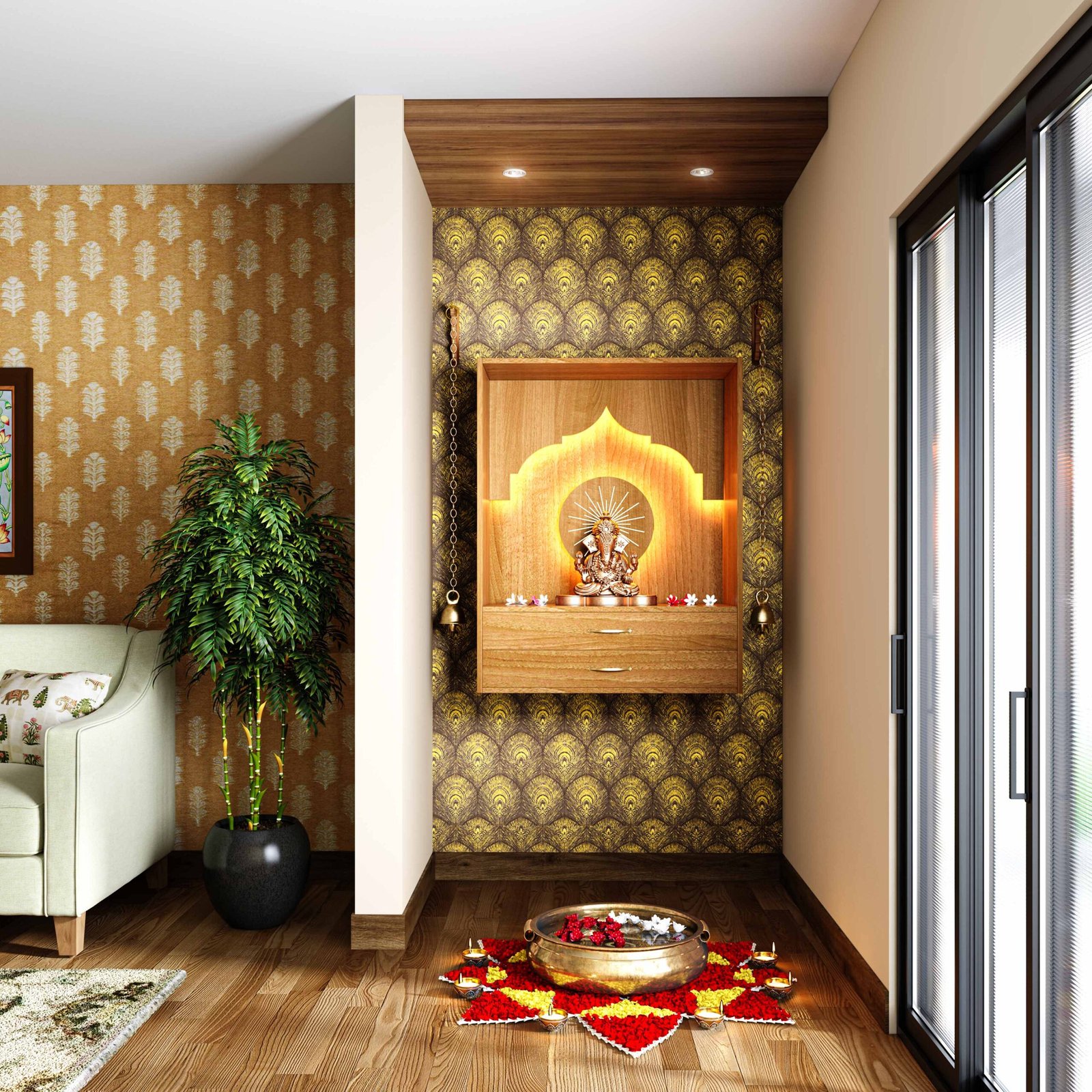 Contemporary Wall-Mounted Pooja Unit Design with Peacock Feather Design