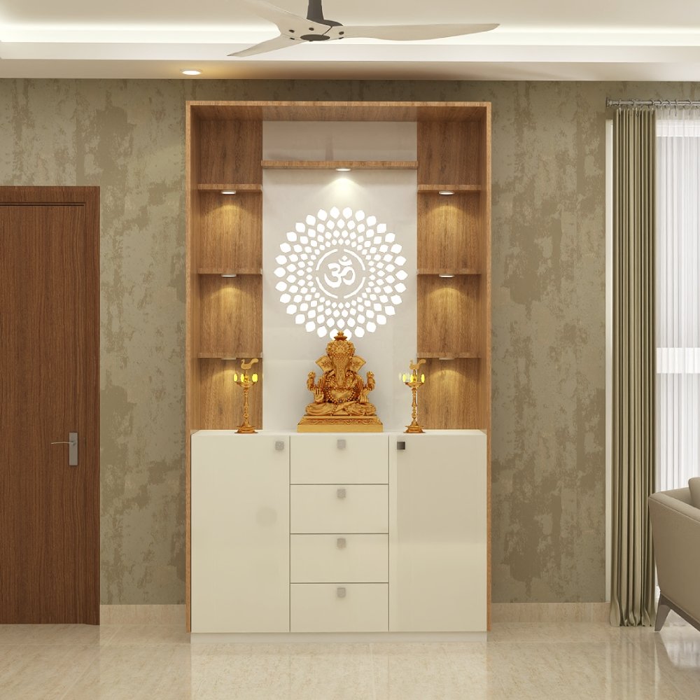 Floor-Mounted Modern Pooja Unit Design with OM Mandala Panel