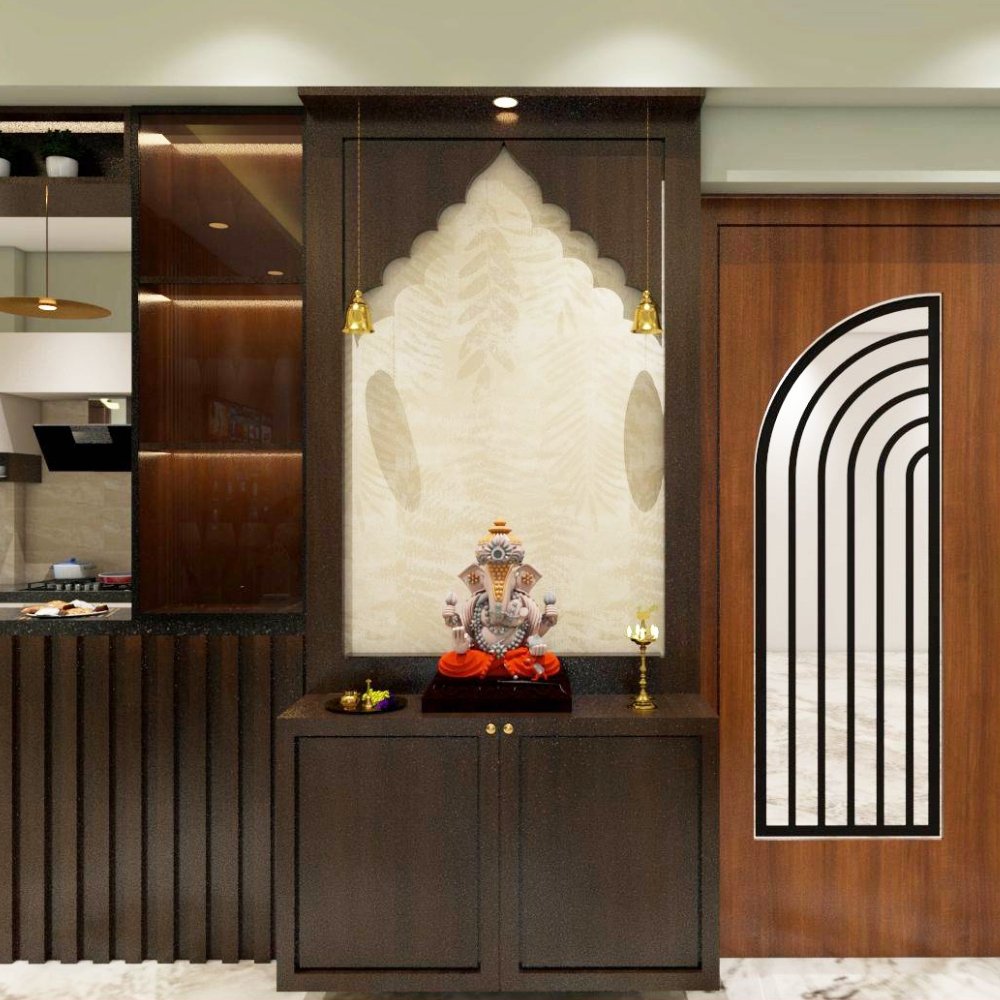 Indian Traditional Floor-Mounted Pooja Unit Design in Walnut Colour