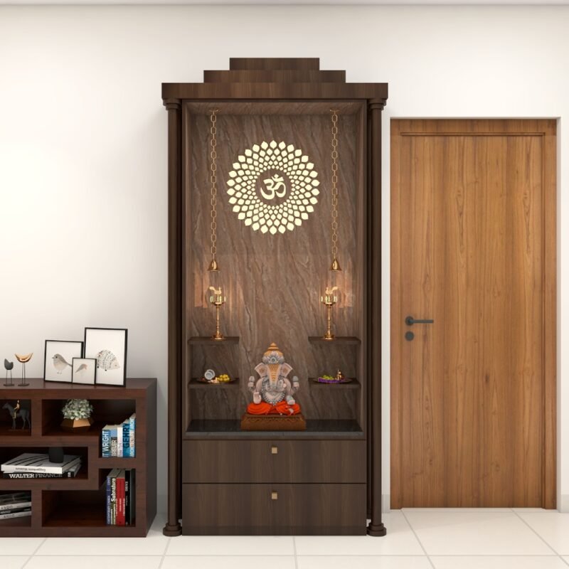 Modern Pooja Unit Design with OM Mandala Panel
