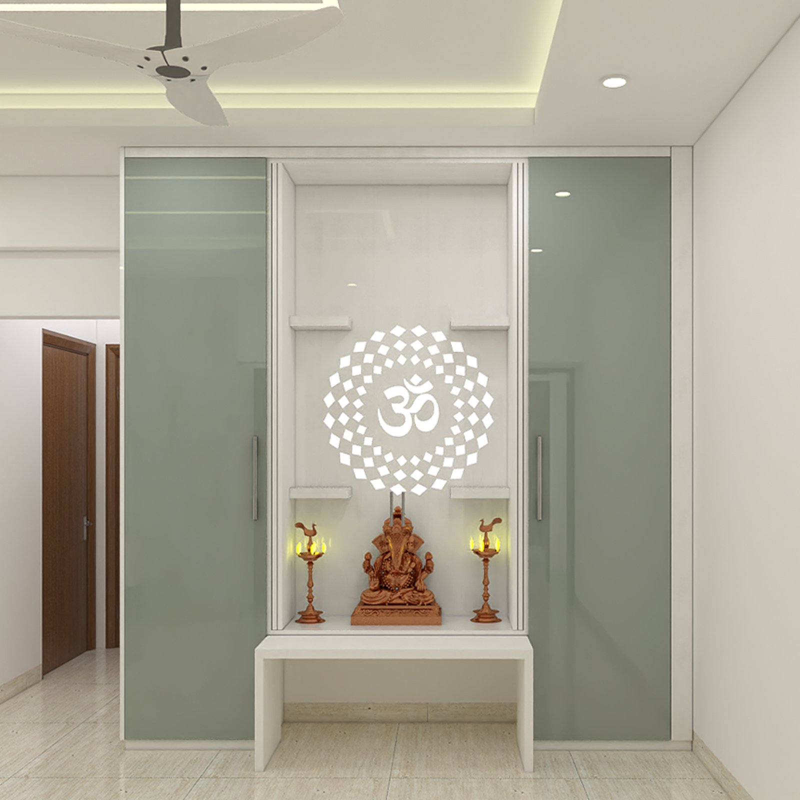Floor-Mounted Modern Pooja Unit Design in Silver Frost Finish