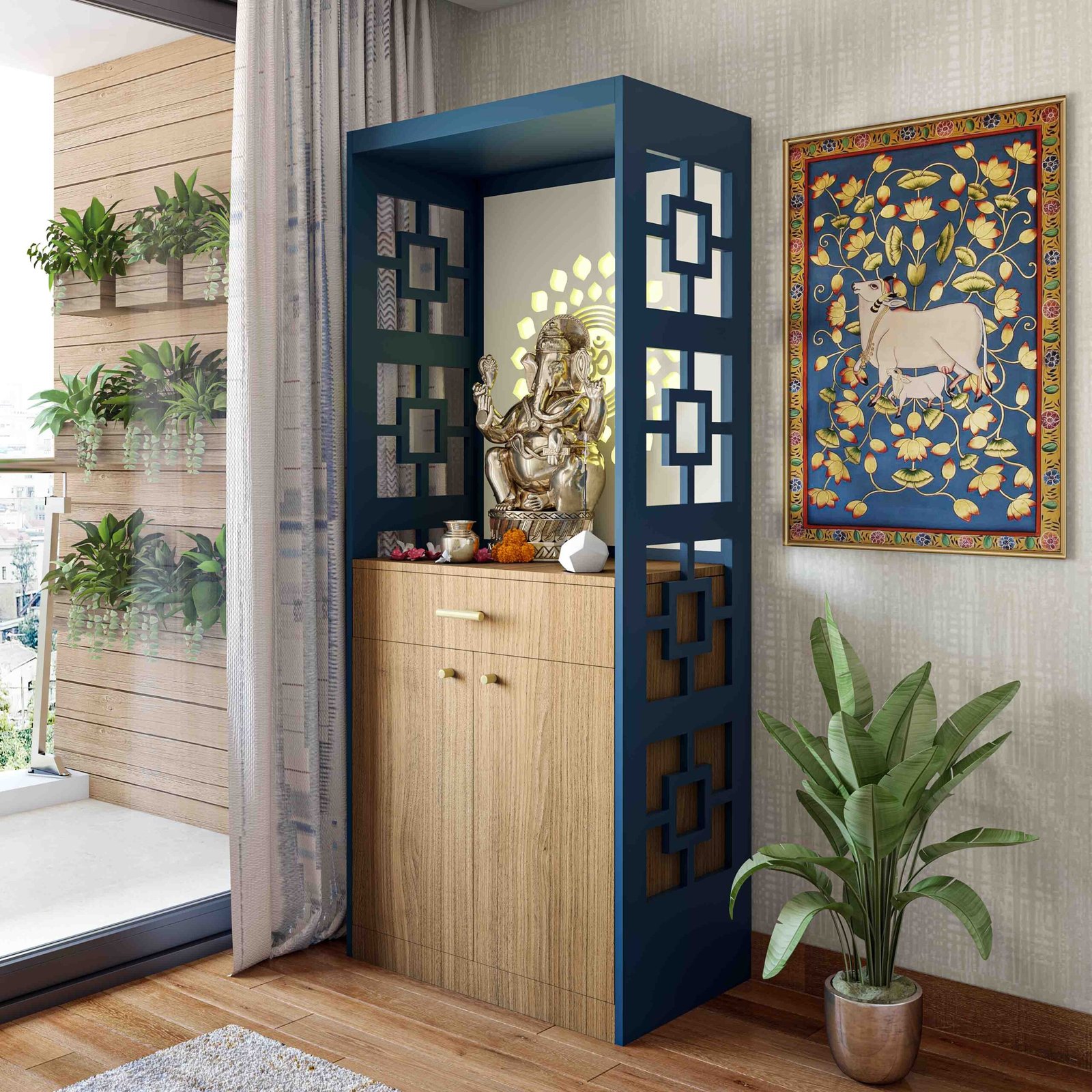 Contemporary Floor-Mounted Pooja Unit Design with Drawer