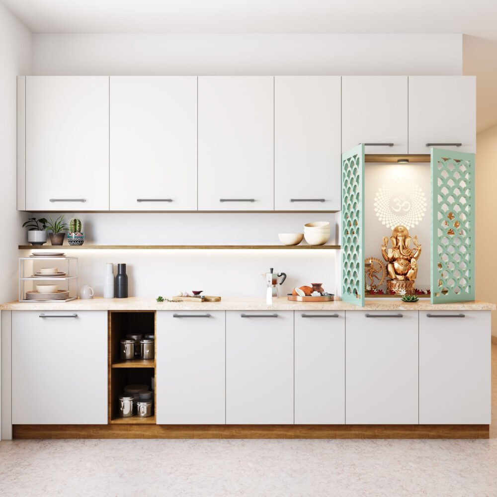 Modern Wall-Mounted Pooja Unit Design with CNC Jali Door