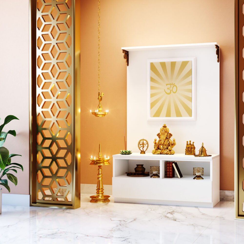 Contemporary Pooja Room Design in White with Luxe Gold Accents