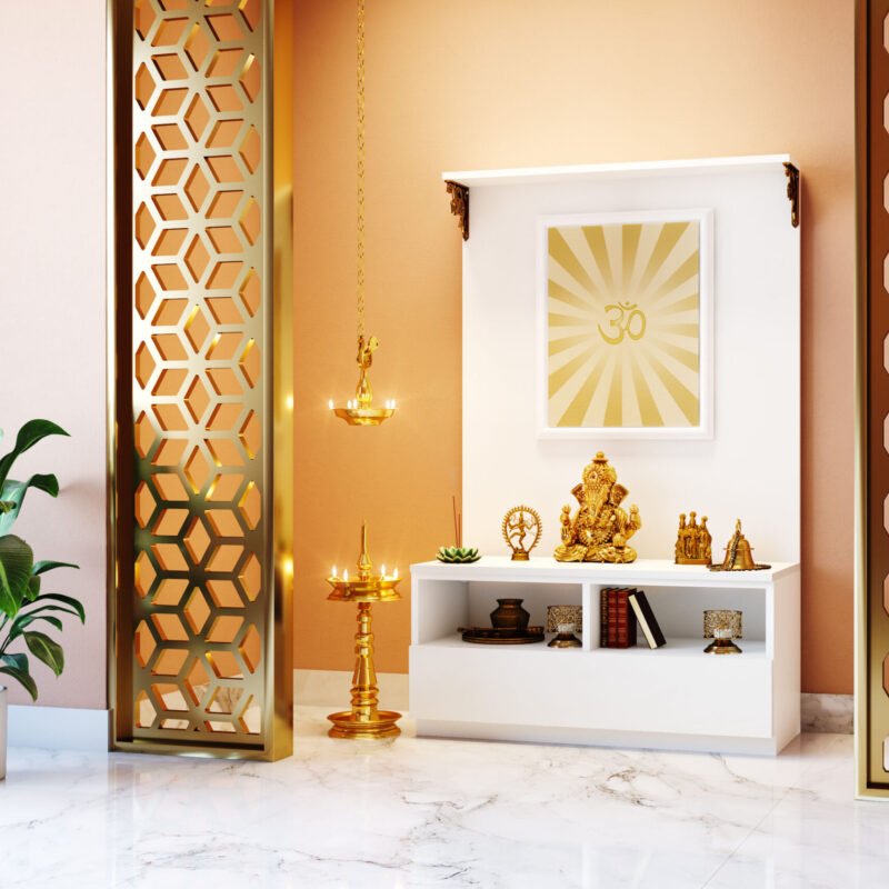 Contemporary Pooja Room Design in White with Luxe Gold Accents