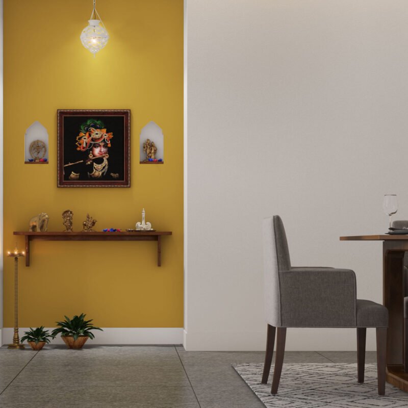 Contemporary Pooja Unit Design with Yellow Accent Wall