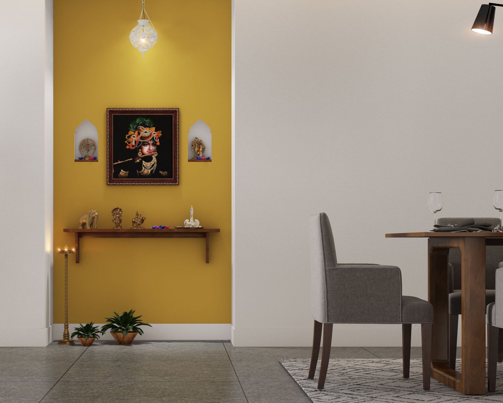 Contemporary Pooja Unit Design with Yellow Accent Wall