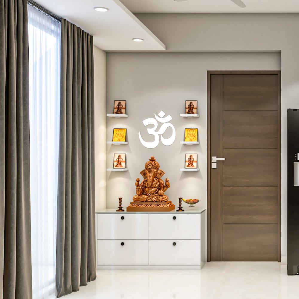 Modern Floor-Mounted Pooja Unit Design with ?Om? Wall Art