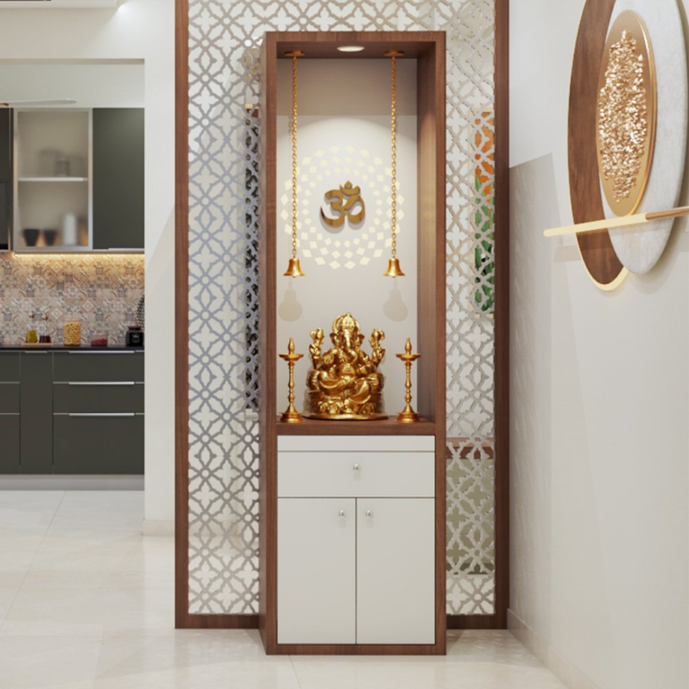 Frosty White and Walnut Bronze Contemporary Pooja Unit Design