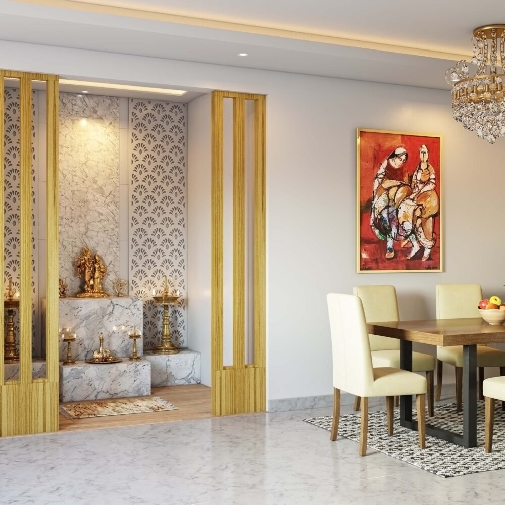 Contemporary Pooja Room Design with Marble Panels and Wooden Partitions