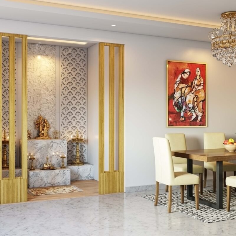 Contemporary Pooja Room Design with Marble Panels and Wooden Partitions