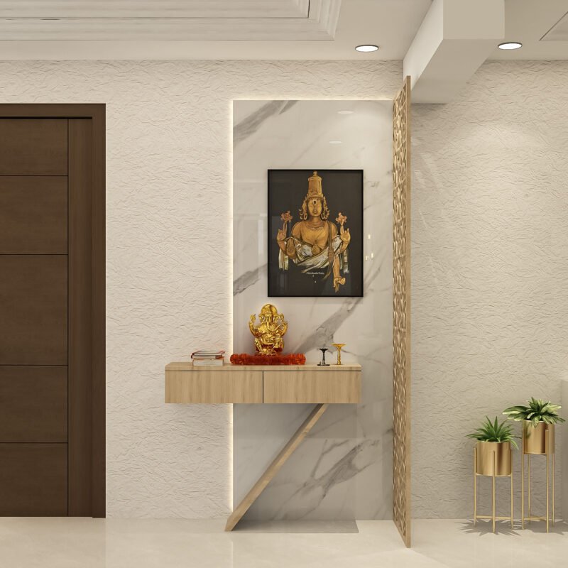 Contemporary Wall-Mounted Pooja Unit Design with Acacia Wood Finish