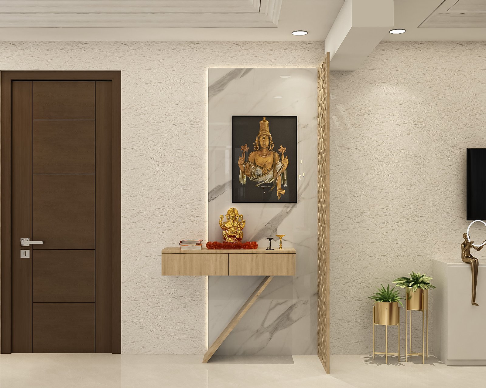 Contemporary Wall-Mounted Pooja Unit Design with Acacia Wood Finish